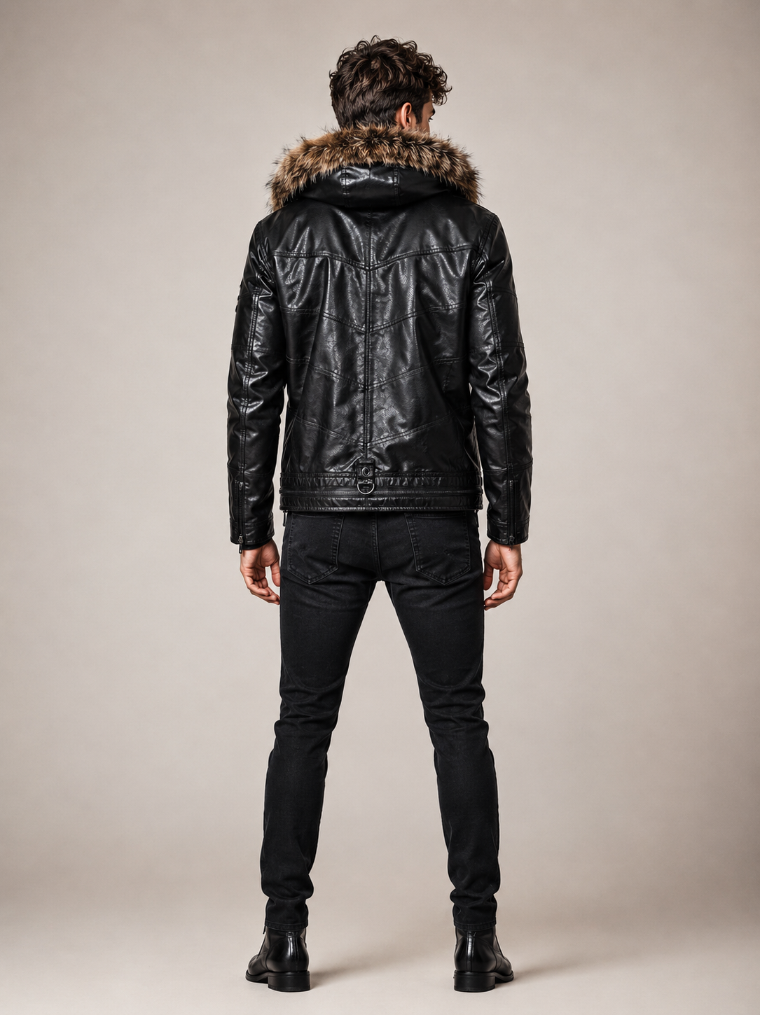 Black Fur Collar Leather Jacket