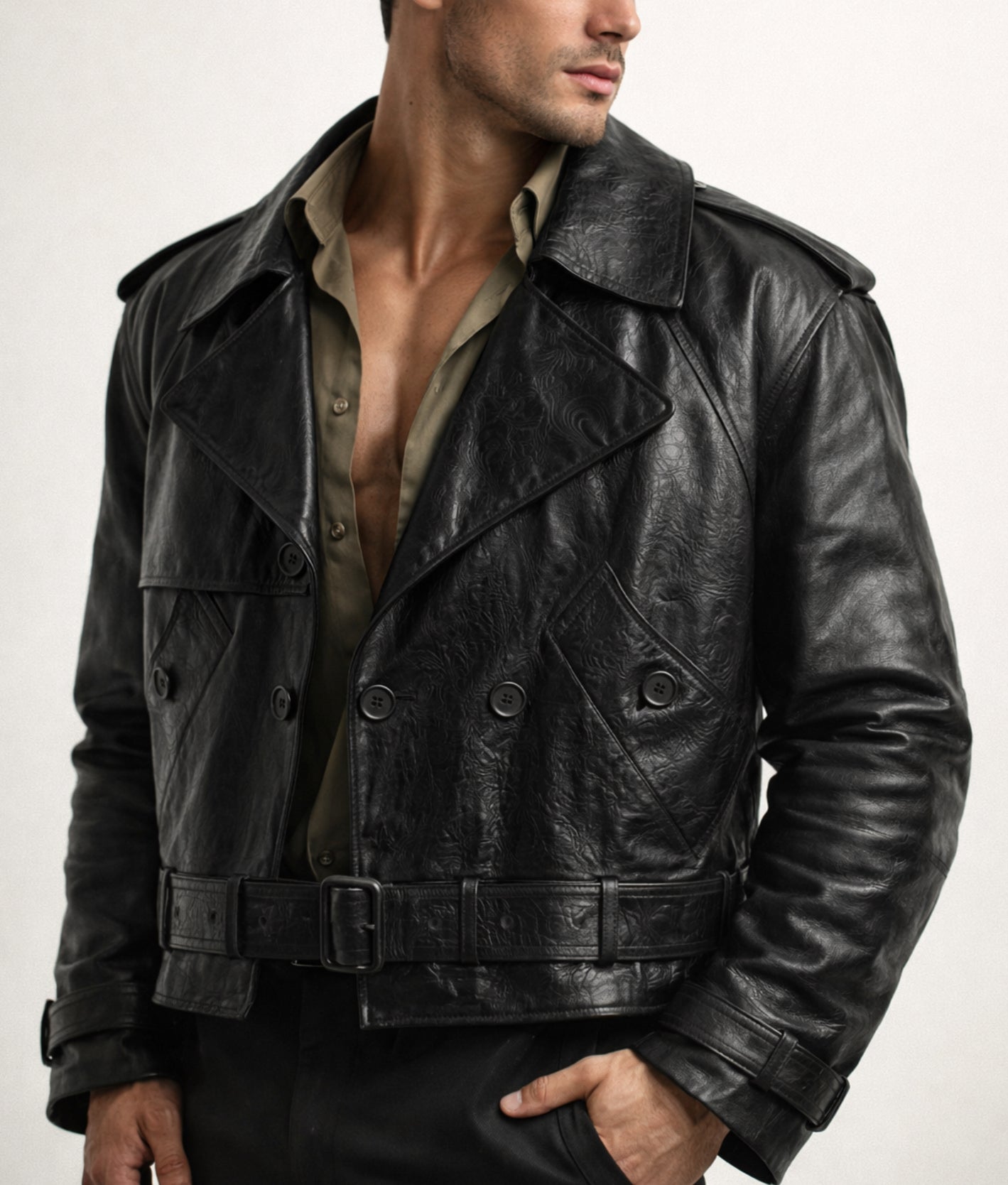Vanta Black Cropped Leather Trench Jacket