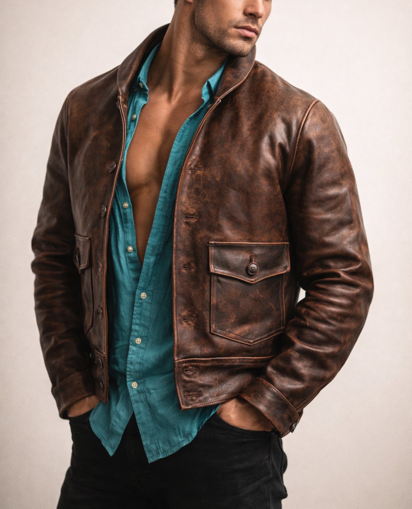 Drakeford Distressed Brown Leather Field Jacket