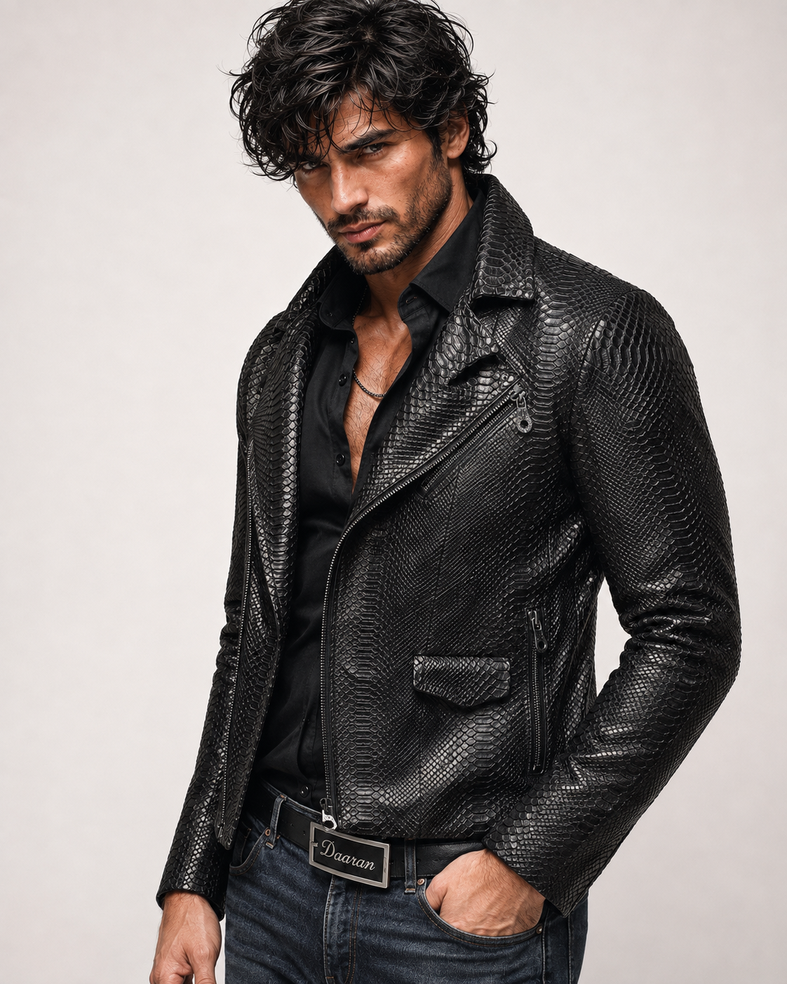 Noir Venom Black Leather Biker Jacket | Daaran – back view