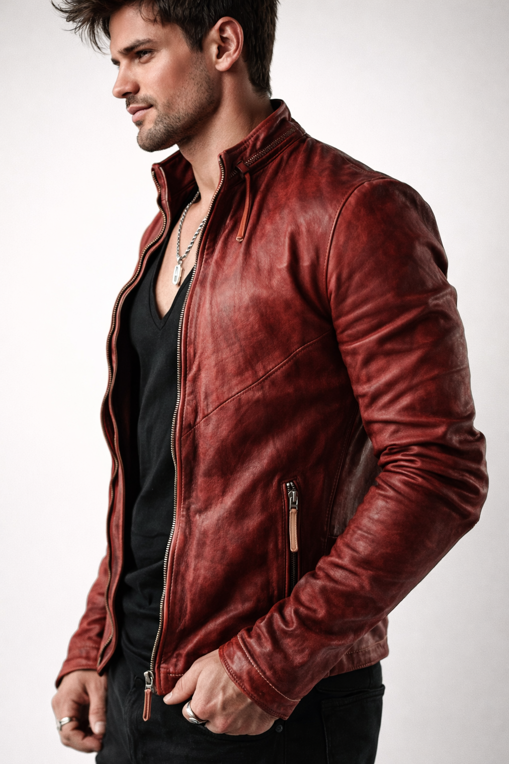 Red Distressed Moto Leather Jacket – Genuine Sheep Leather Slim Fit | Rovek by Daaran