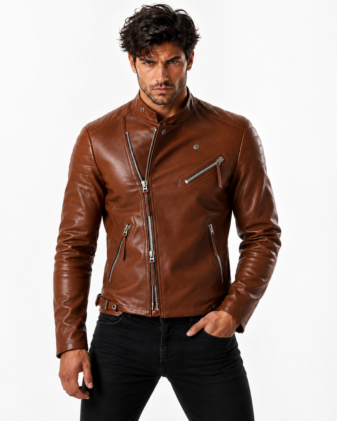 Copper Hawk Cognac Brown Leather Biker Jacket