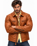 Men's Camel Cowhide Leather Moto Jacket: Slim Fit Bomber