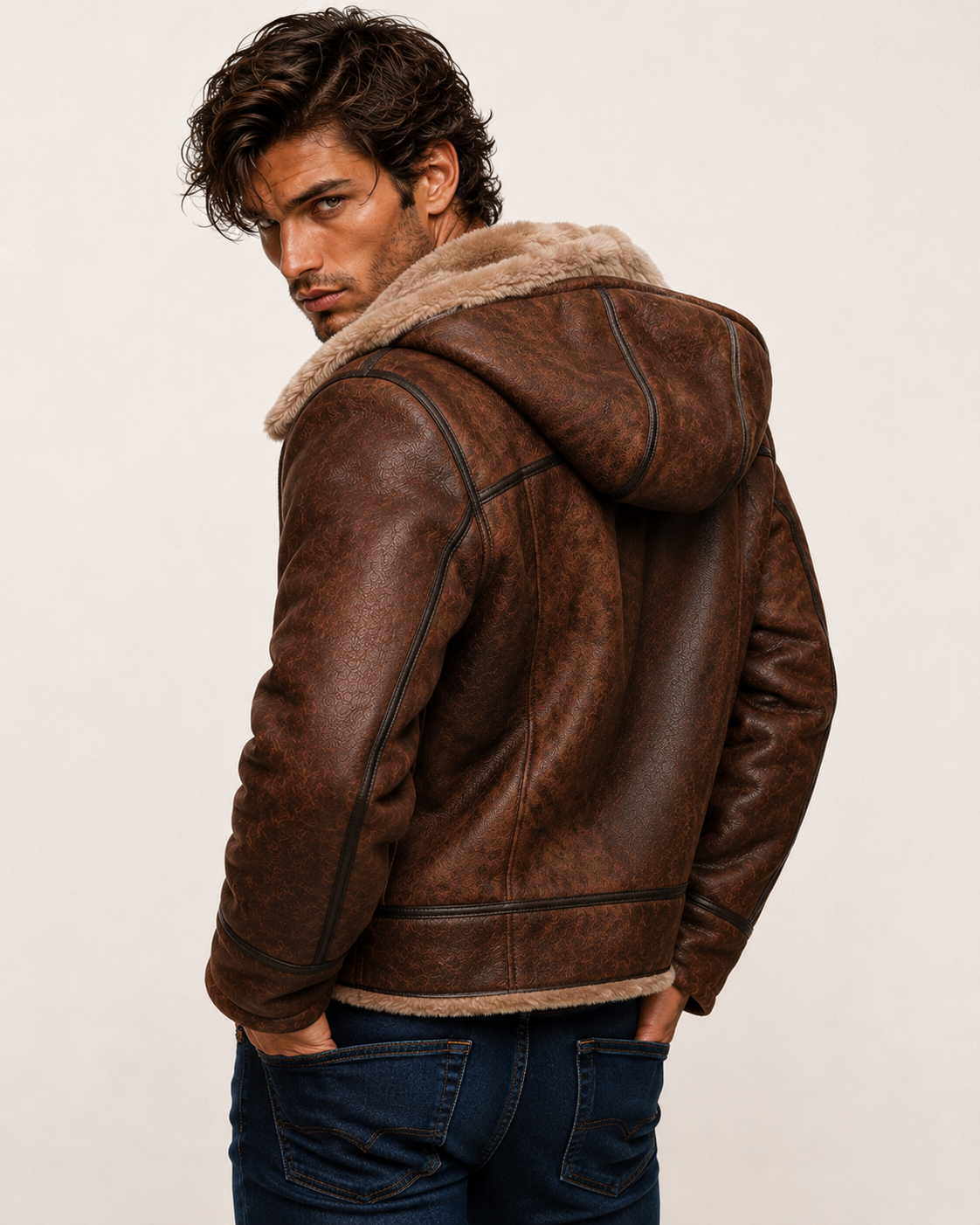 Brown Suede Leather Aviator Jacket – Shearling Collar