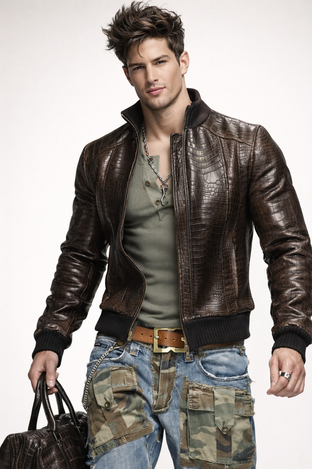 Men’s Brown Croc Embossed Sheep Leather Bomber Jacket – Daaran Sable
