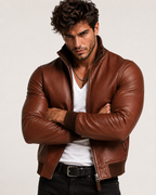 Crest Cognac Brown Leather Bomber Jacket
