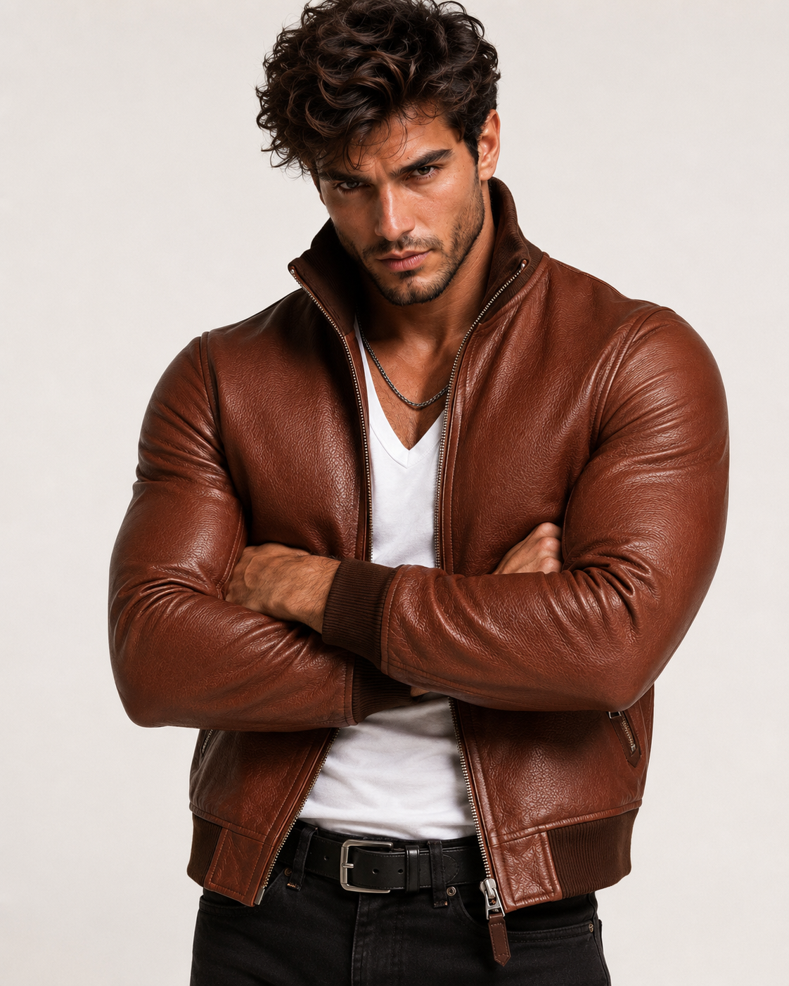 Crest Cognac Brown Leather Bomber Jacket