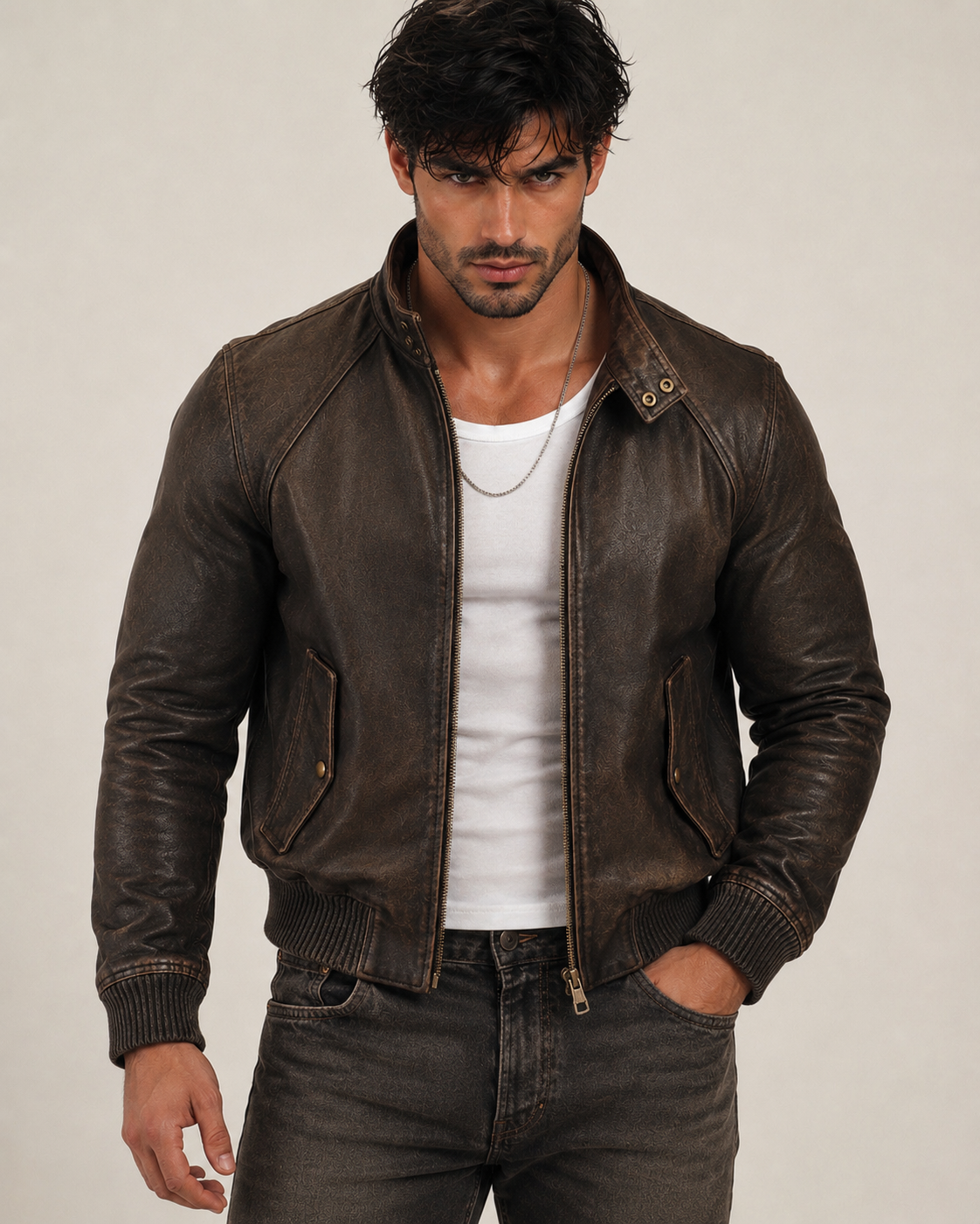 Brown Distressed Sheep Leather Bomber Jacket – Brunnero