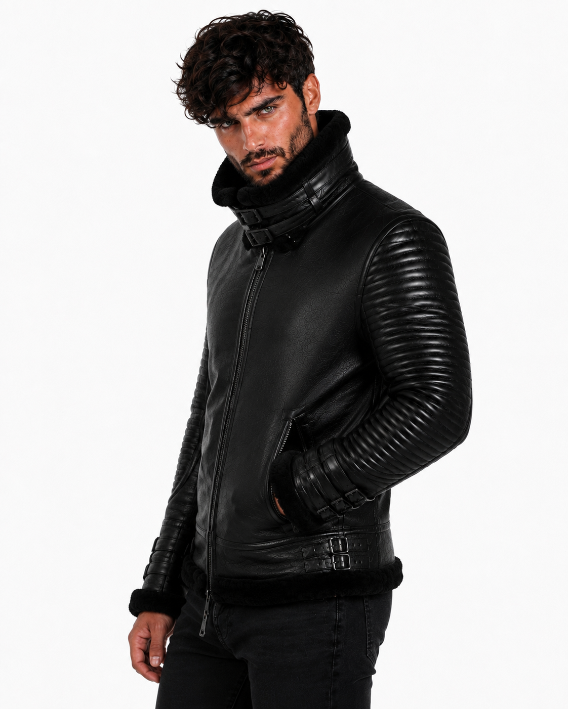 Shadow Sentinel Black Leather Aviator Jacket