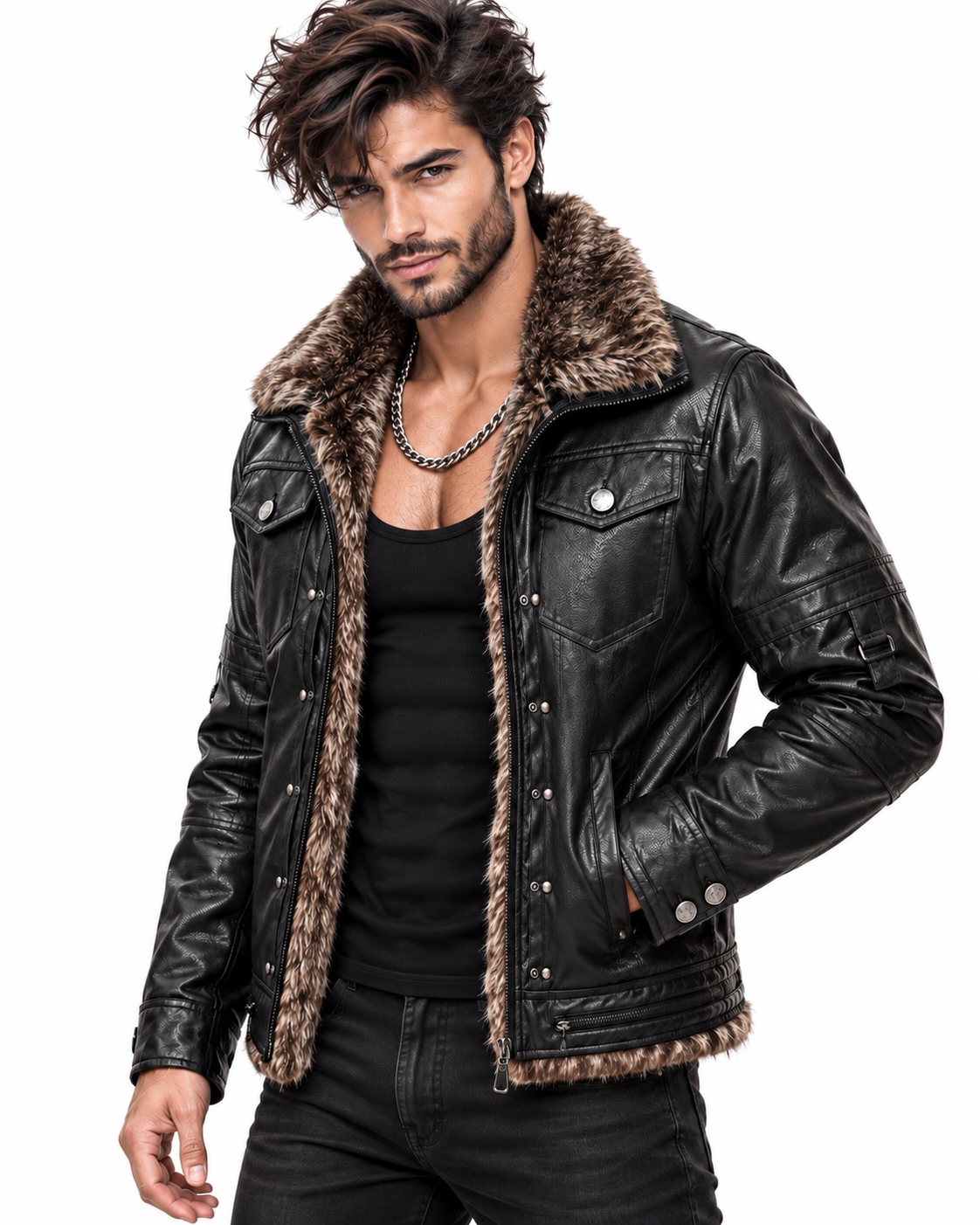 Black Fur Collar Leather Jacket