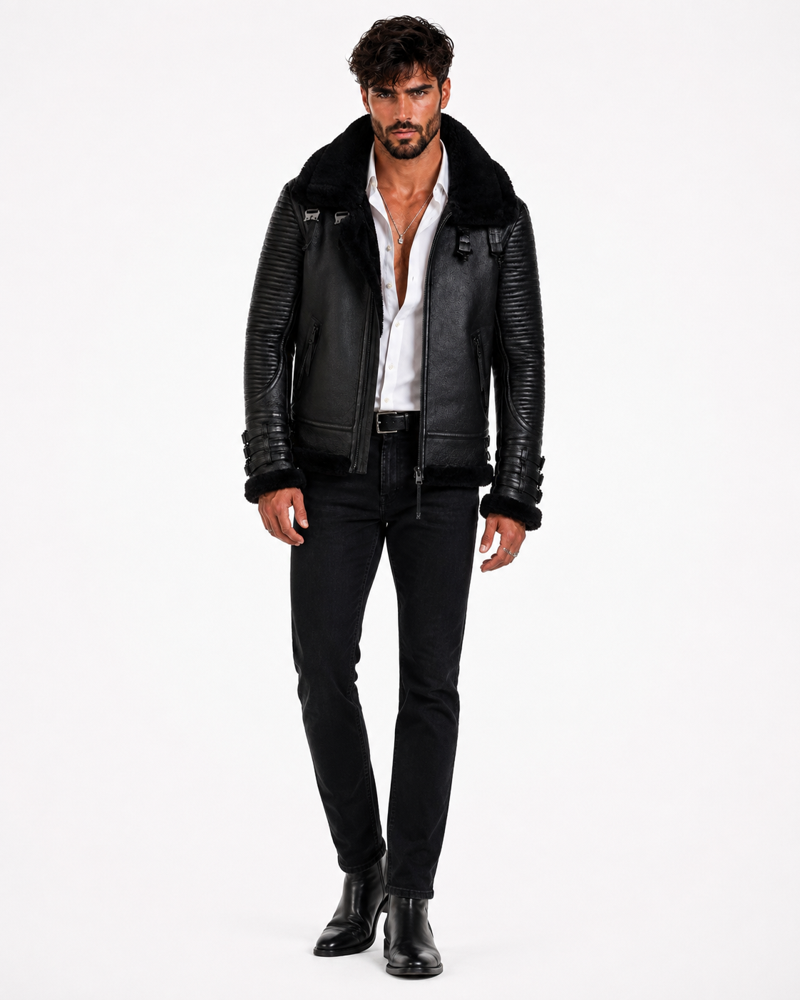 Shadow Sentinel Black Leather Aviator Jacket