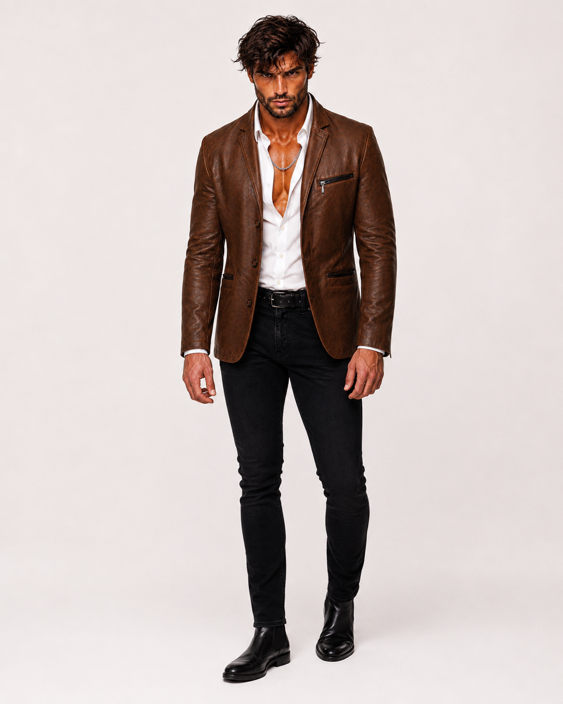 Cognac Brown Suede Leather Blazer – VEYNOR | Daaran – three-quarter view