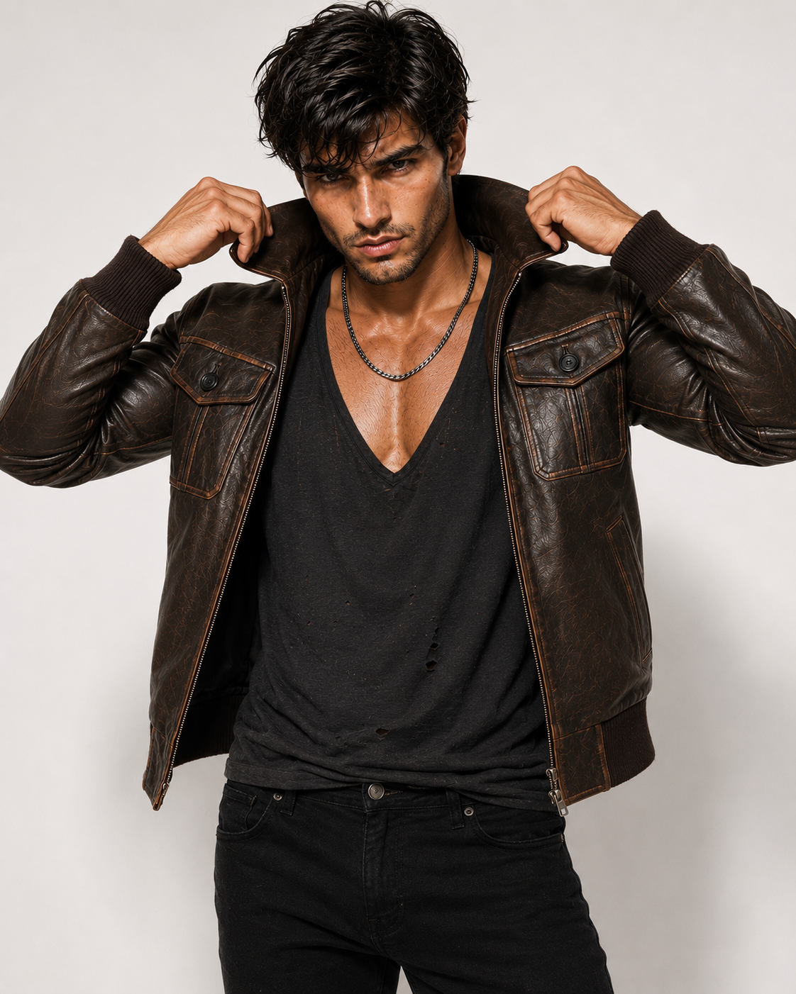 Men's B3 Sheepskin Bomber Flight Jacket | Daaran – close-up of leather texture and stitching