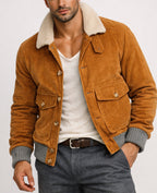 Highland Commander Rust Brown Suede Shearling Bomber Jacket