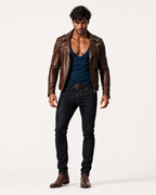 The VEYN Brown Sheepskin Moto Jacket | Daaran – three-quarter view