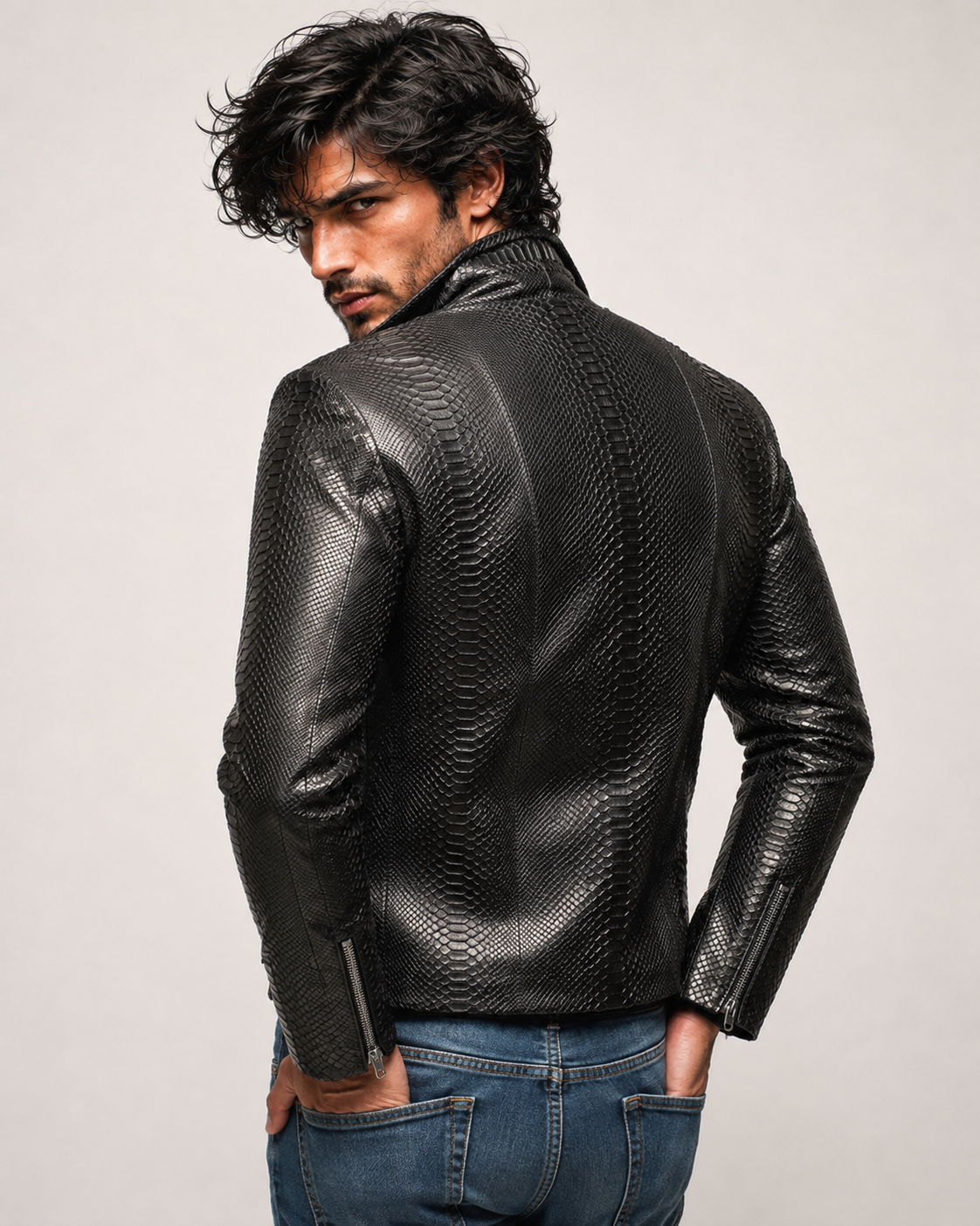 Noir Venom Black Leather Biker Jacket | Daaran – three-quarter view