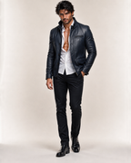 Daaran Vareno Navy Blue Leather Stand-Collar Jacket
