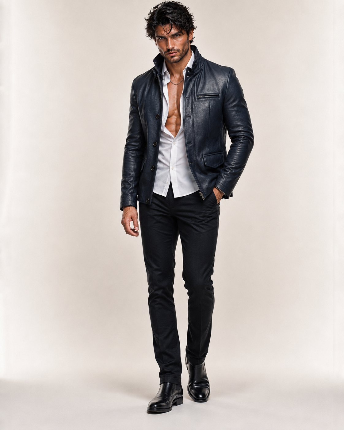 Daaran Vareno Navy Blue Leather Stand-Collar Jacket
