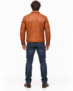 Men's Camel Cowhide Leather Moto Jacket: Slim Fit Bomber