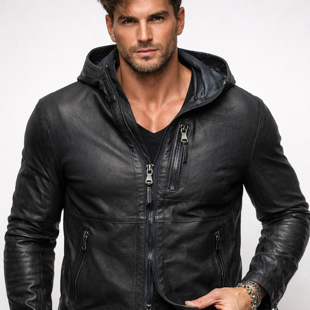 Black Hooded Sheep Leather Jacket – Men’s Genuine Leather | Ravven by Daaran