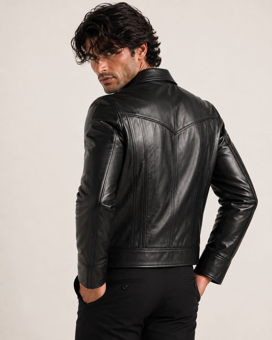 Midnight Sculpt Black Leather Racer Jacket | Daaran – three-quarter view