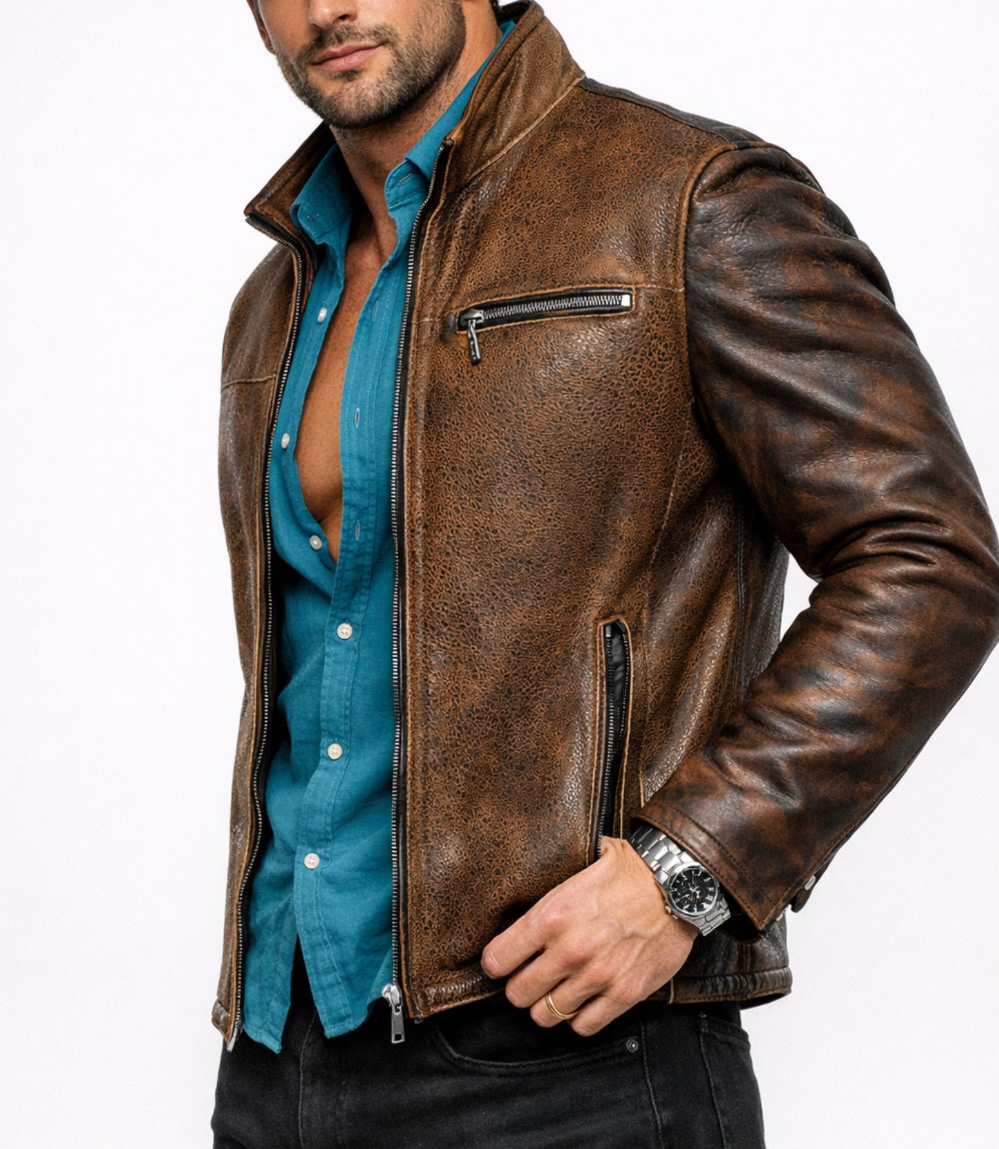 Rustborn Luxe Distressed Brown Leather Biker Jacket