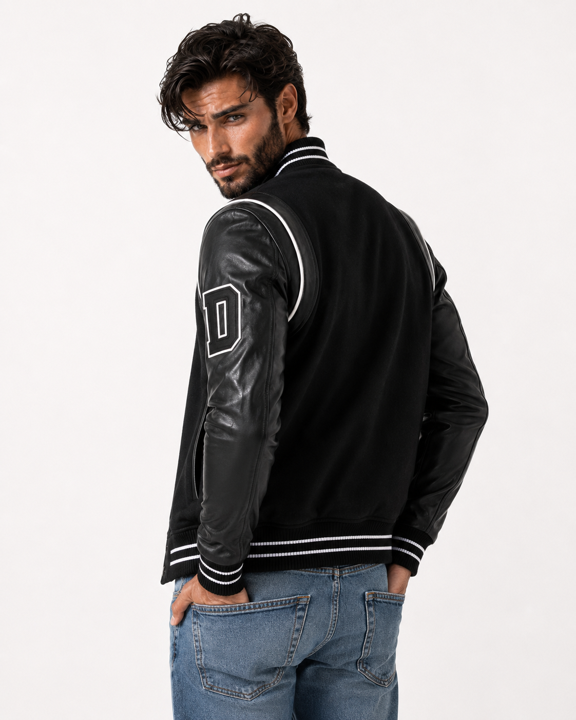 Varsity Black Leather Bomber Jacket