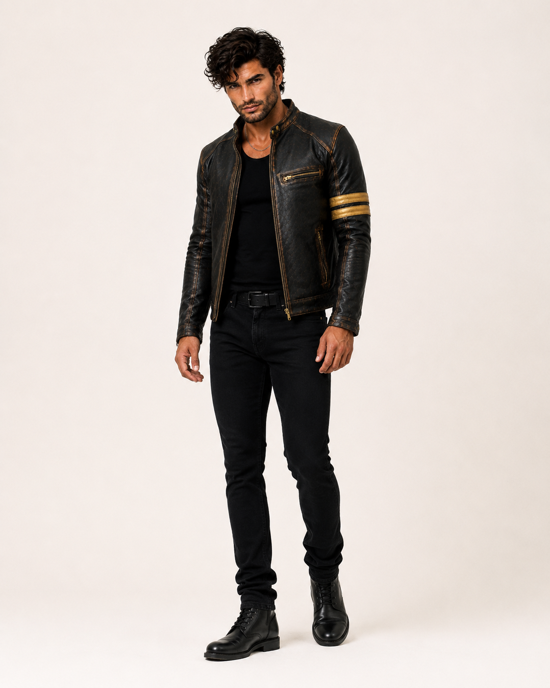 Golden Stripes Brown Leather Cafe Racer Jacket