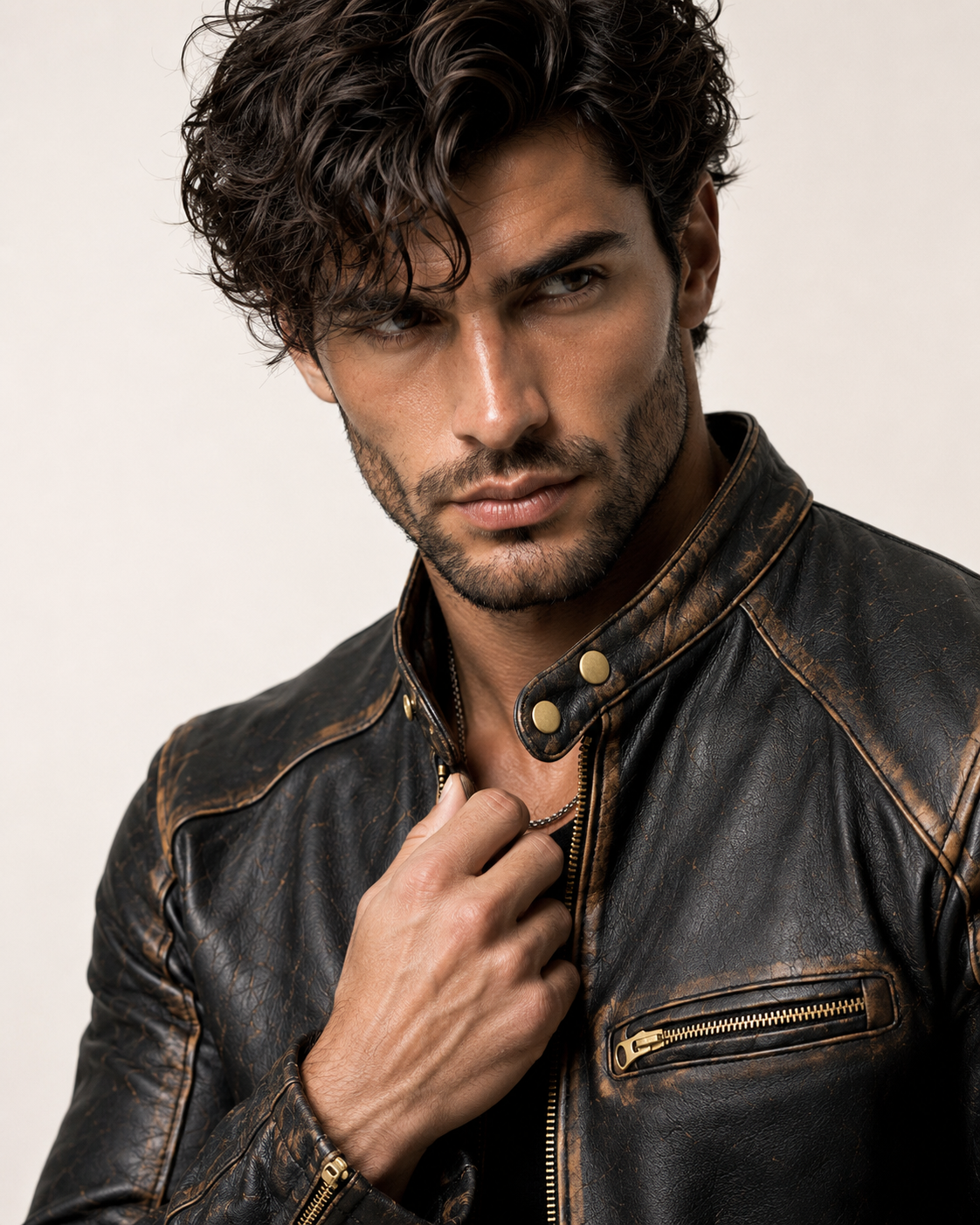 Golden Stripes Brown Leather Cafe Racer Jacket
