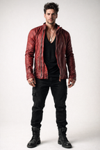Red Distressed Moto Leather Jacket – Genuine Sheep Leather Slim Fit | Rovek by Daaran