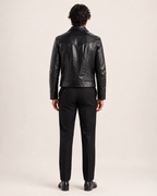 Midnight Sculpt Black Leather Racer Jacket | Daaran – styled, worn view