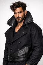 Black Wool & Leather Jacket for Men – NOX | Double Breasted Slim Fit Designer Winter Coat