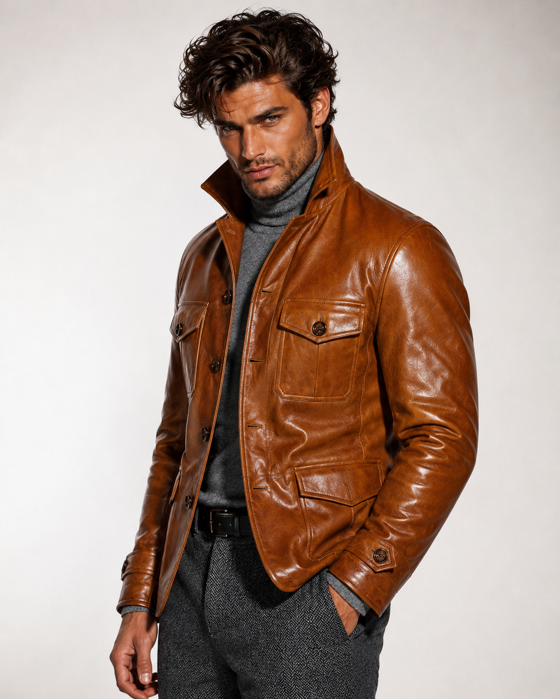 Arvell Handmade Cognac Sheep Leather Safari Field Jacket