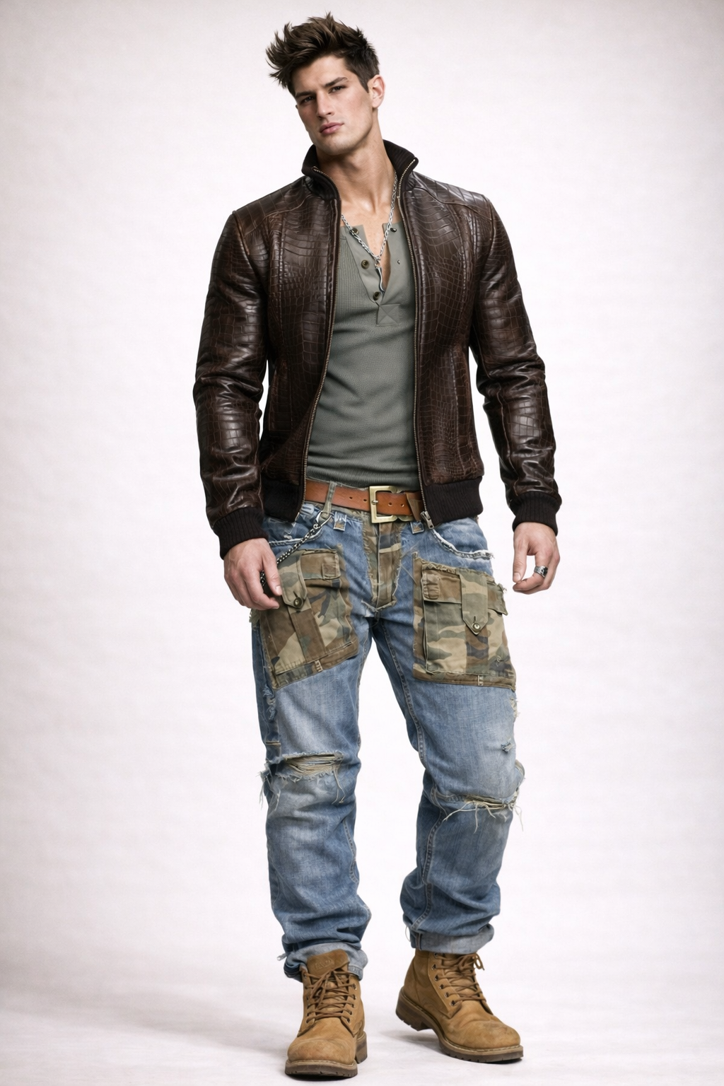 Men’s Brown Croc Embossed Sheep Leather Bomber Jacket – Daaran Sable