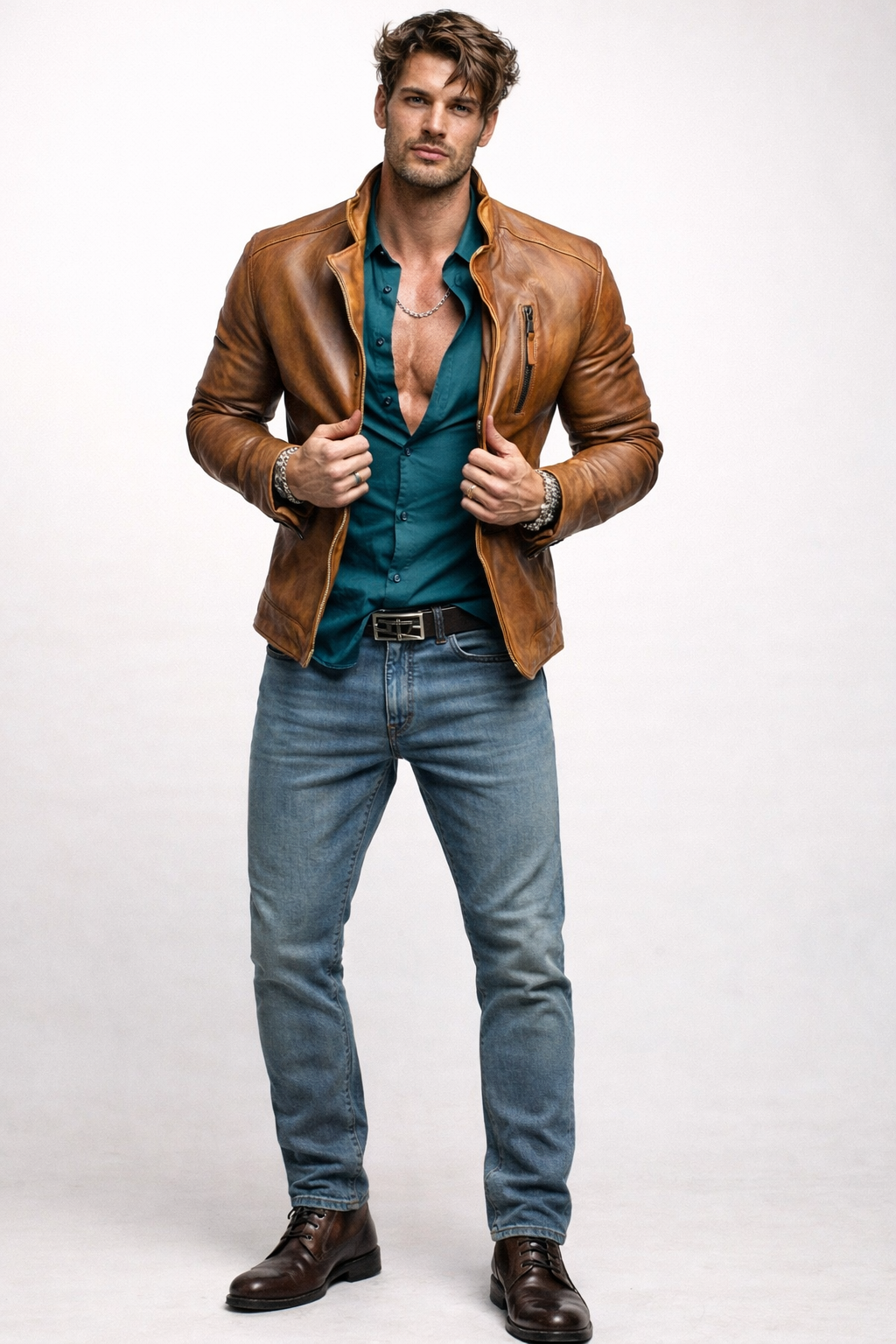 Men’s Cognac Brown Moto Leather Jacket – Distressed Sheep Leather Slim Fit | Torve by Daaran