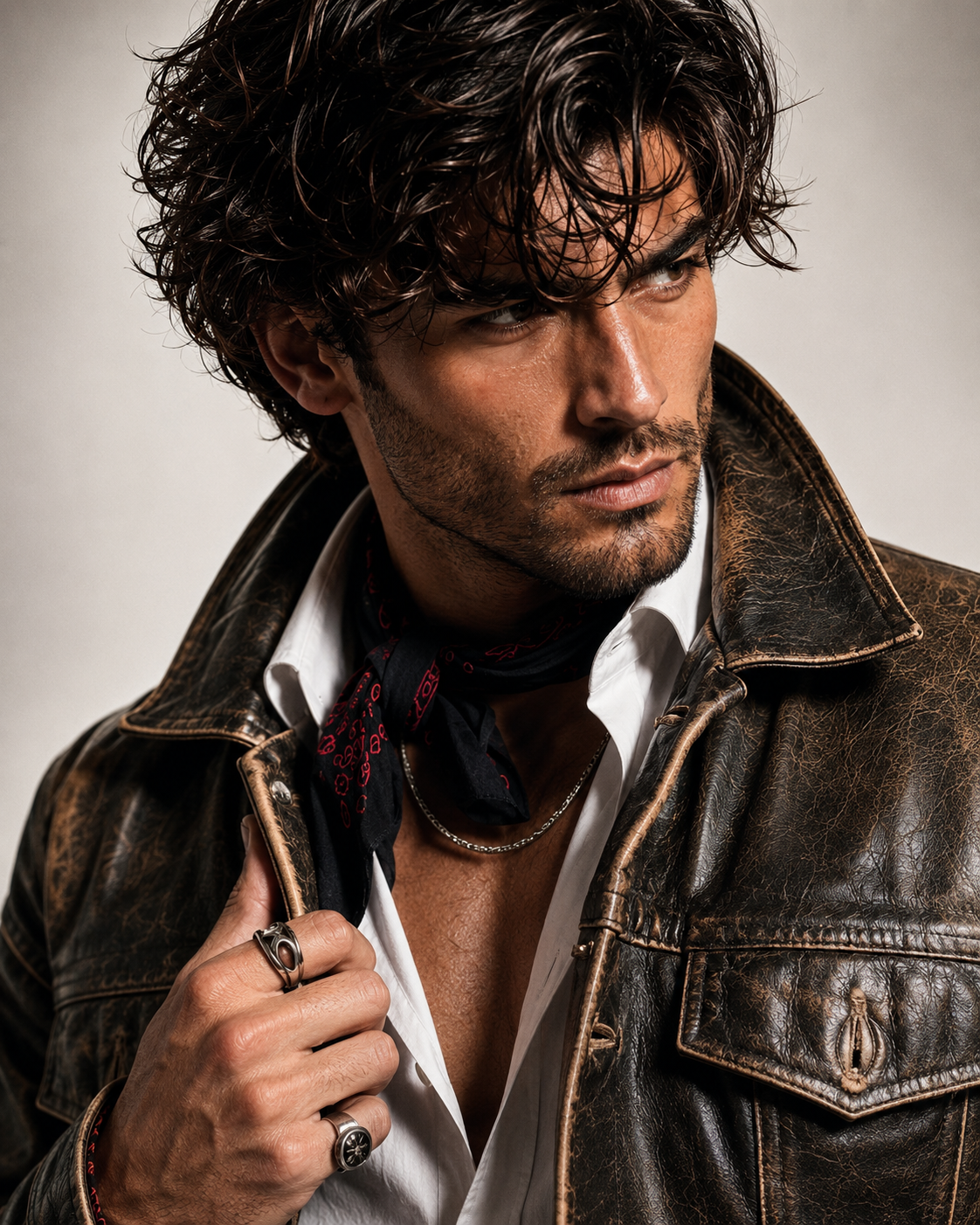 Distressed Brown Trucker Jacket – Daaran Rustell – side profile view