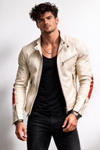 Ivory Moto Leather Jacket – Slim Fit Burnt Orange Panel Sheep Leather Biker | Aurelian by Daaran