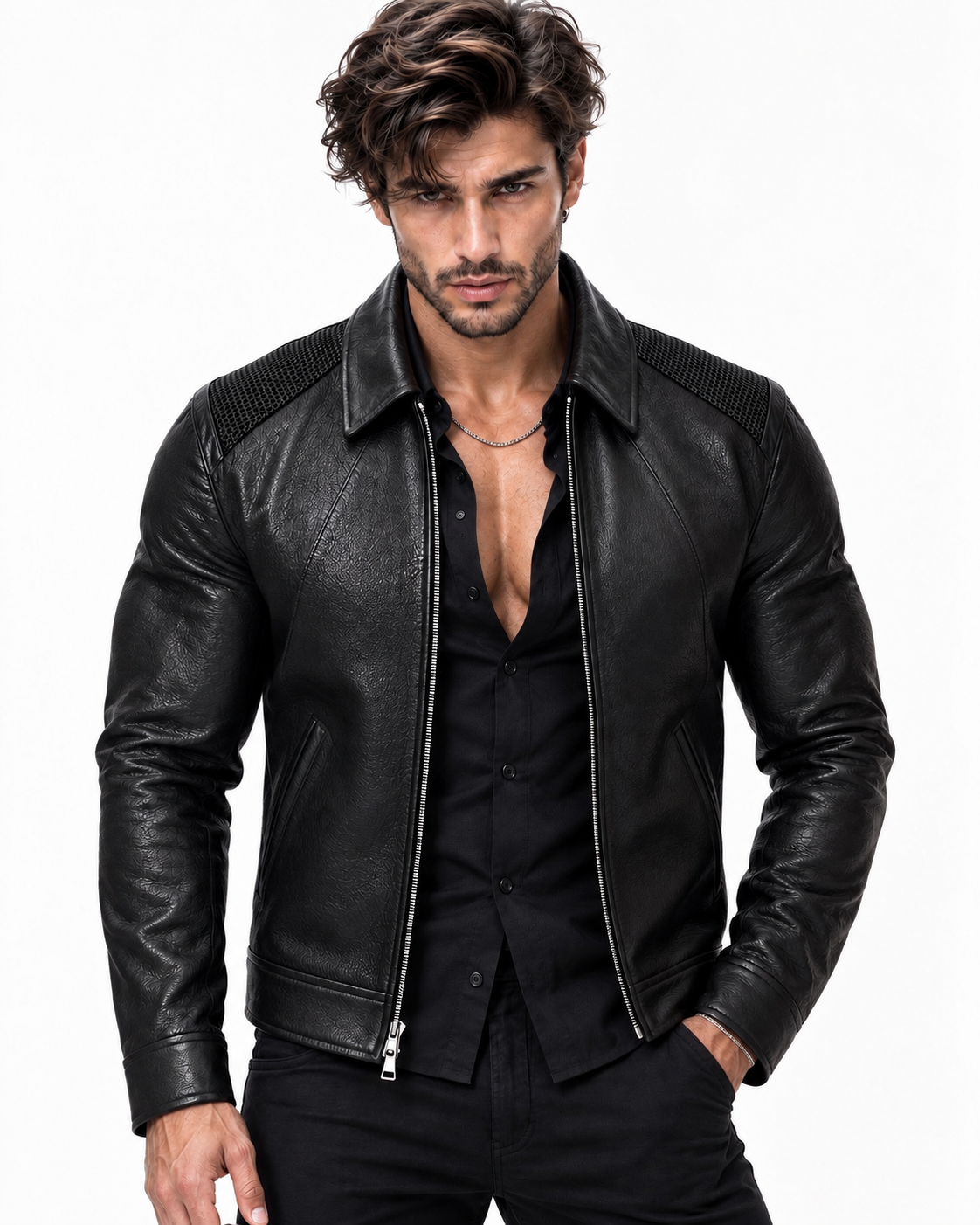 Black Cowhide Leather Bomber Jacket – Slim Fit Moto