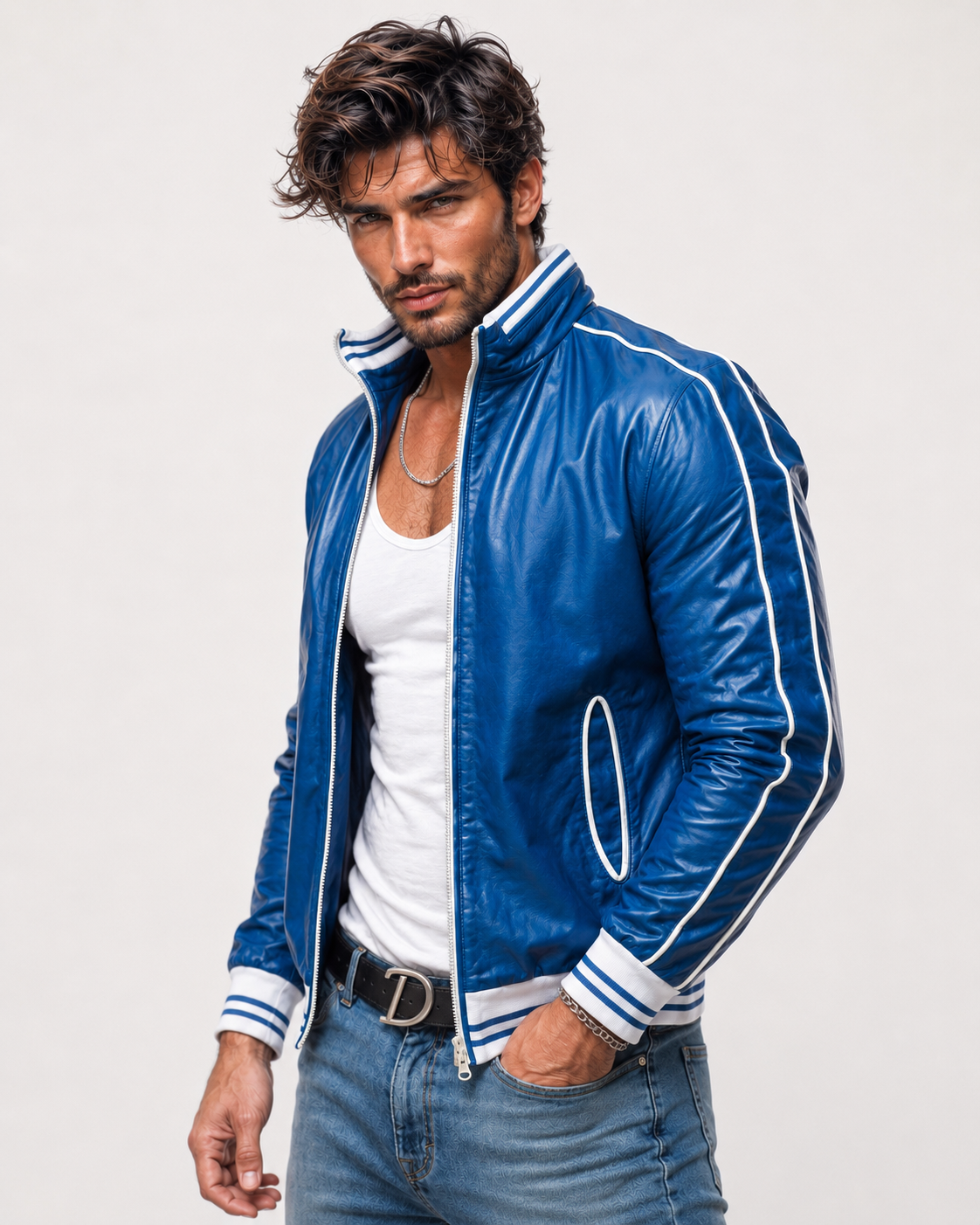 Veloce Royale Royal Blue Leather Bomber Jacket | Daaran – back view