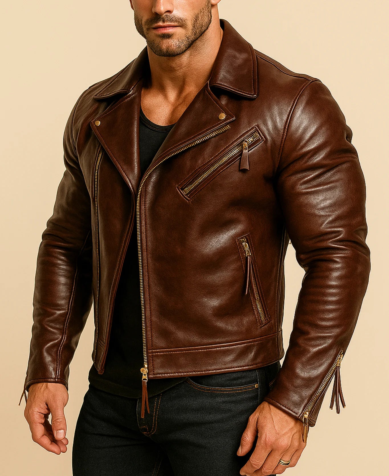 Men’s mahogany brown leather biker jacket – Axegrave premium moto style