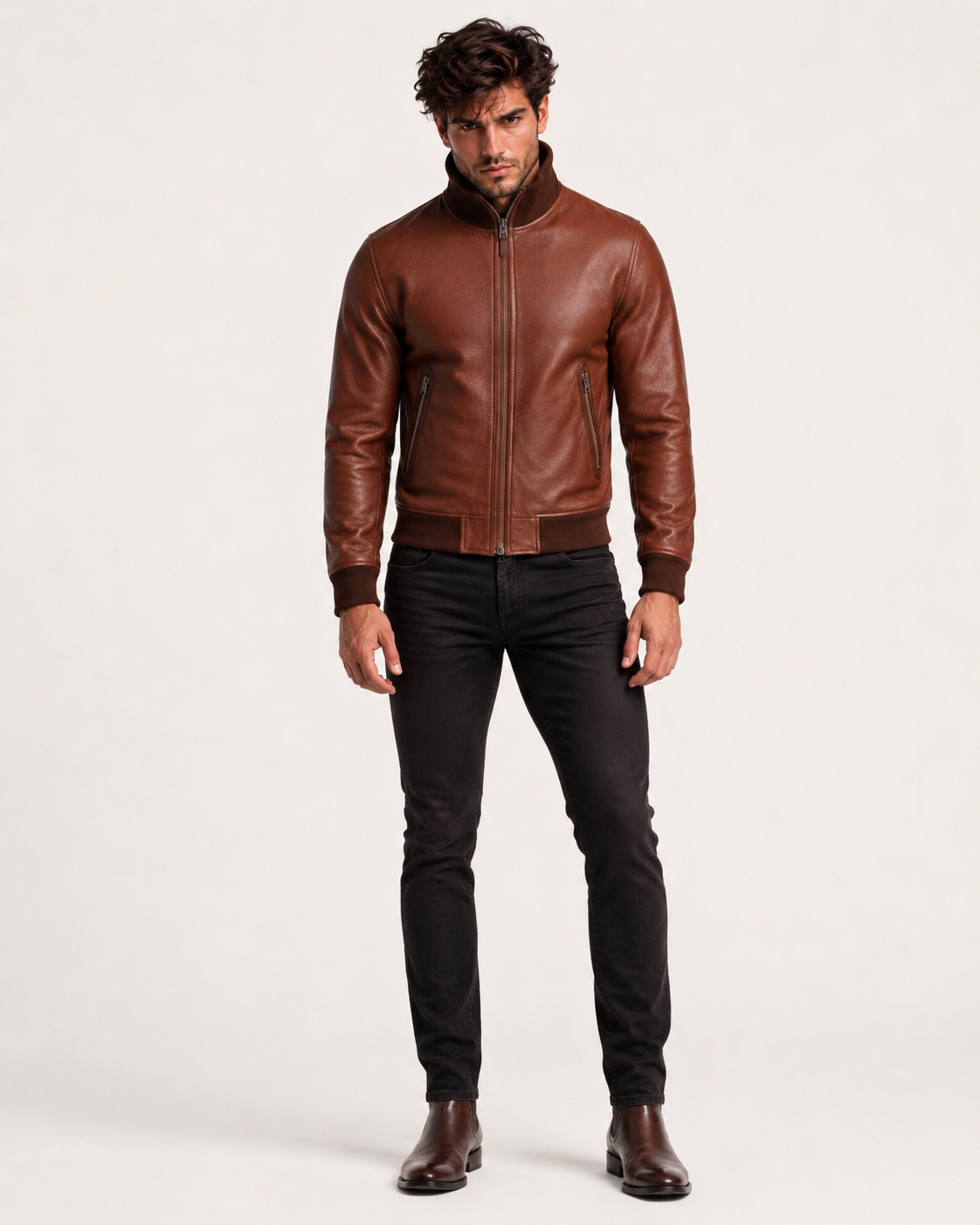 Crest Cognac Brown Leather Bomber Jacket
