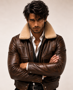 Distressed Brown Shearling Trucker Jacket – Daaran Maverick – side profile view