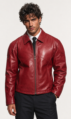 Men's Crimson Red Sheep Leather Jacket - Classic Fit: Daaran – front view