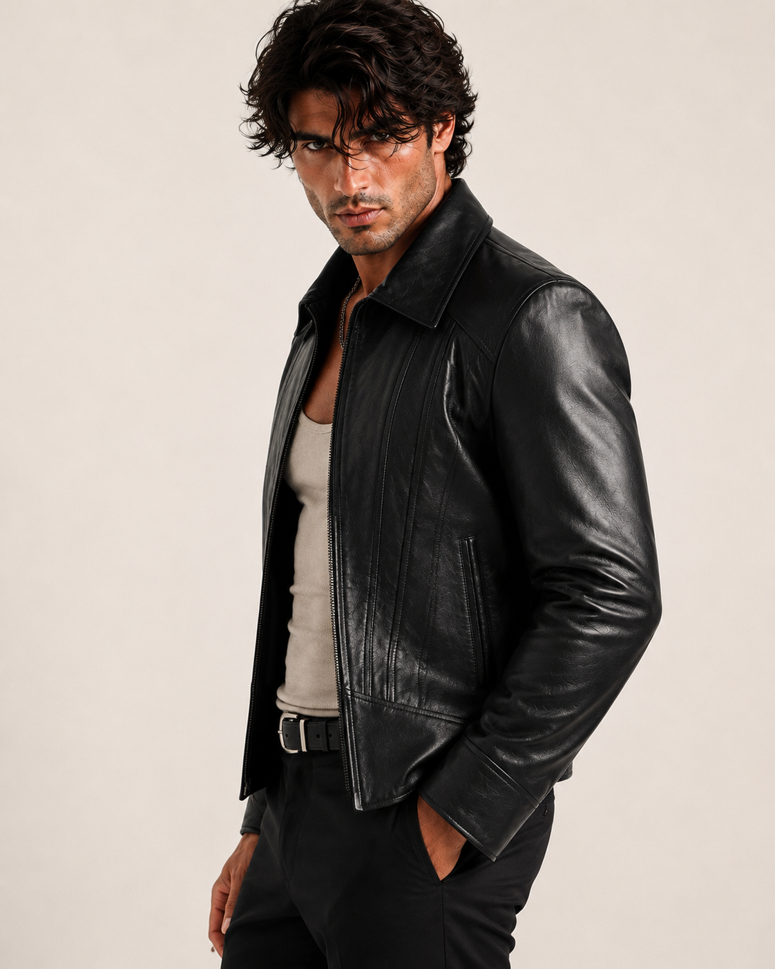 Midnight Sculpt Black Leather Racer Jacket | Daaran – close-up of leather texture and stitching
