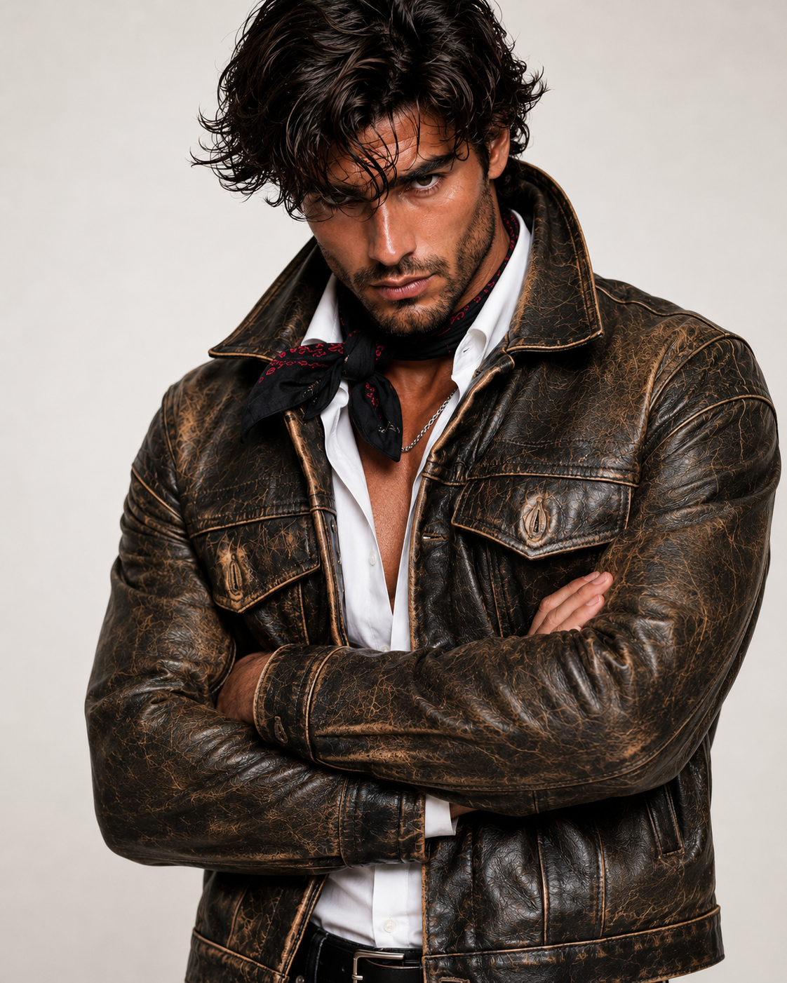 Distressed Brown Trucker Jacket – Daaran Rustell – collar and zipper detail