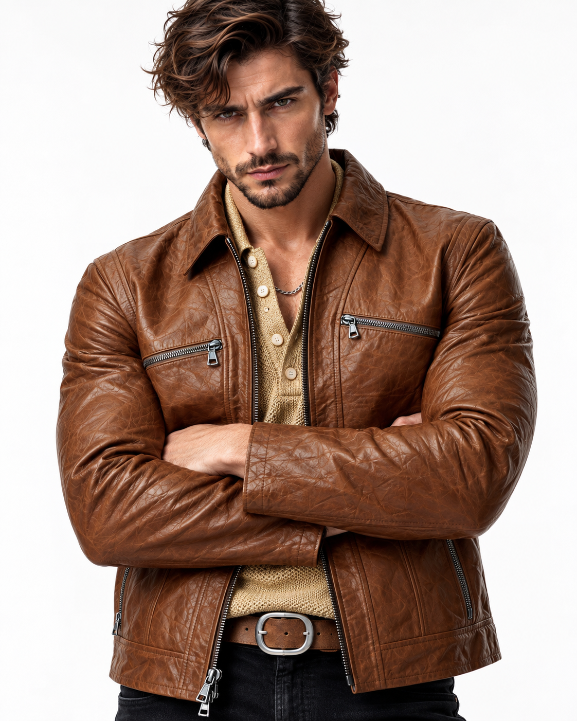 Montaro Luxe Rider Brown Leather Trucker Jacket