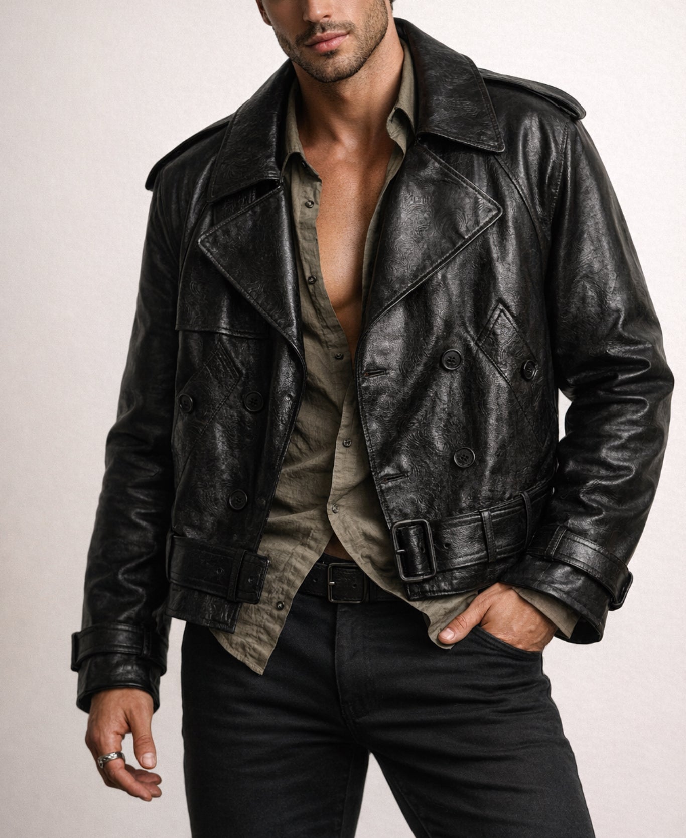 Vanta Black Cropped Leather Trench Jacket