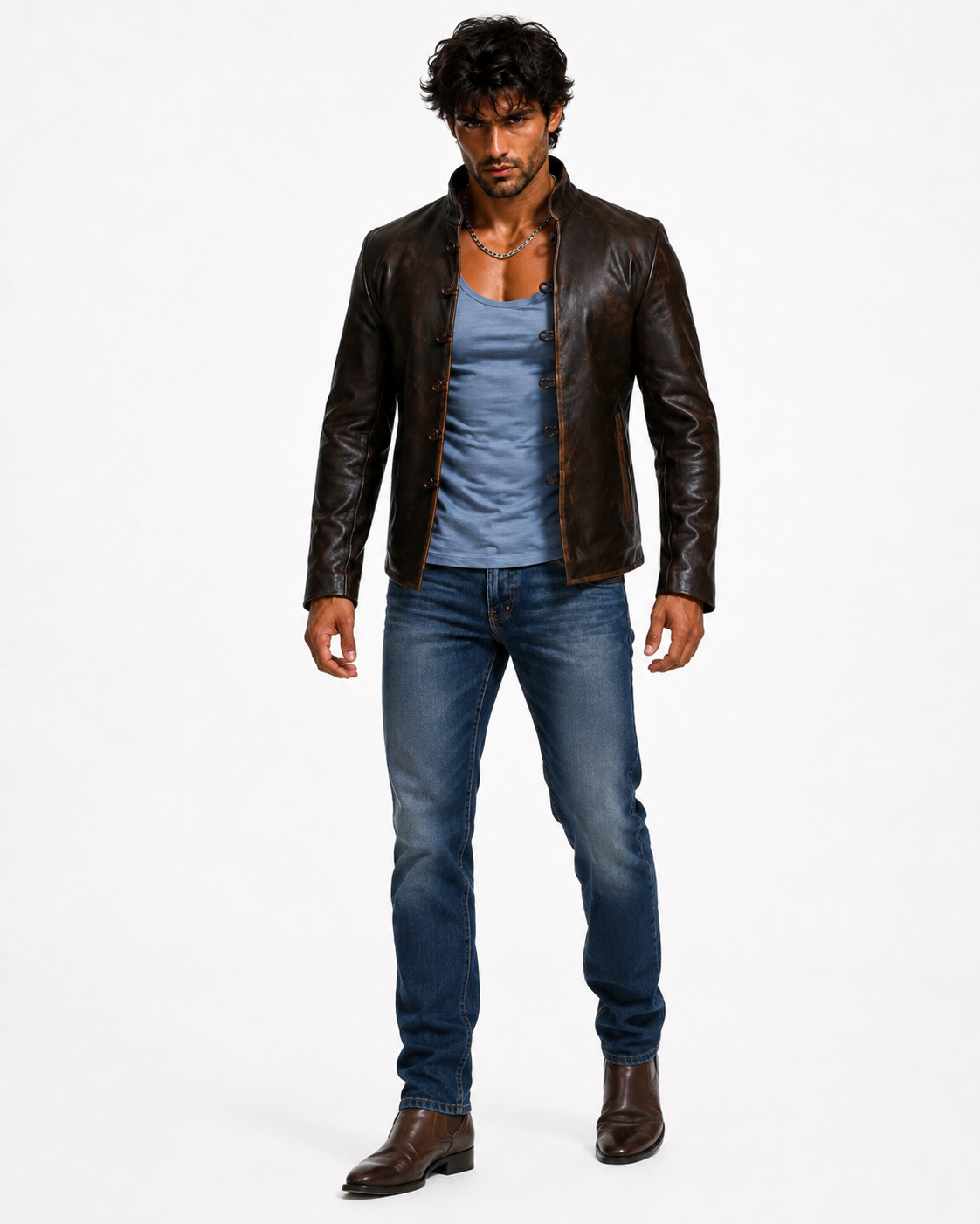 Men's Distressed Brown Mandarin Collar Leather Jacket | Daaran – styled, worn view