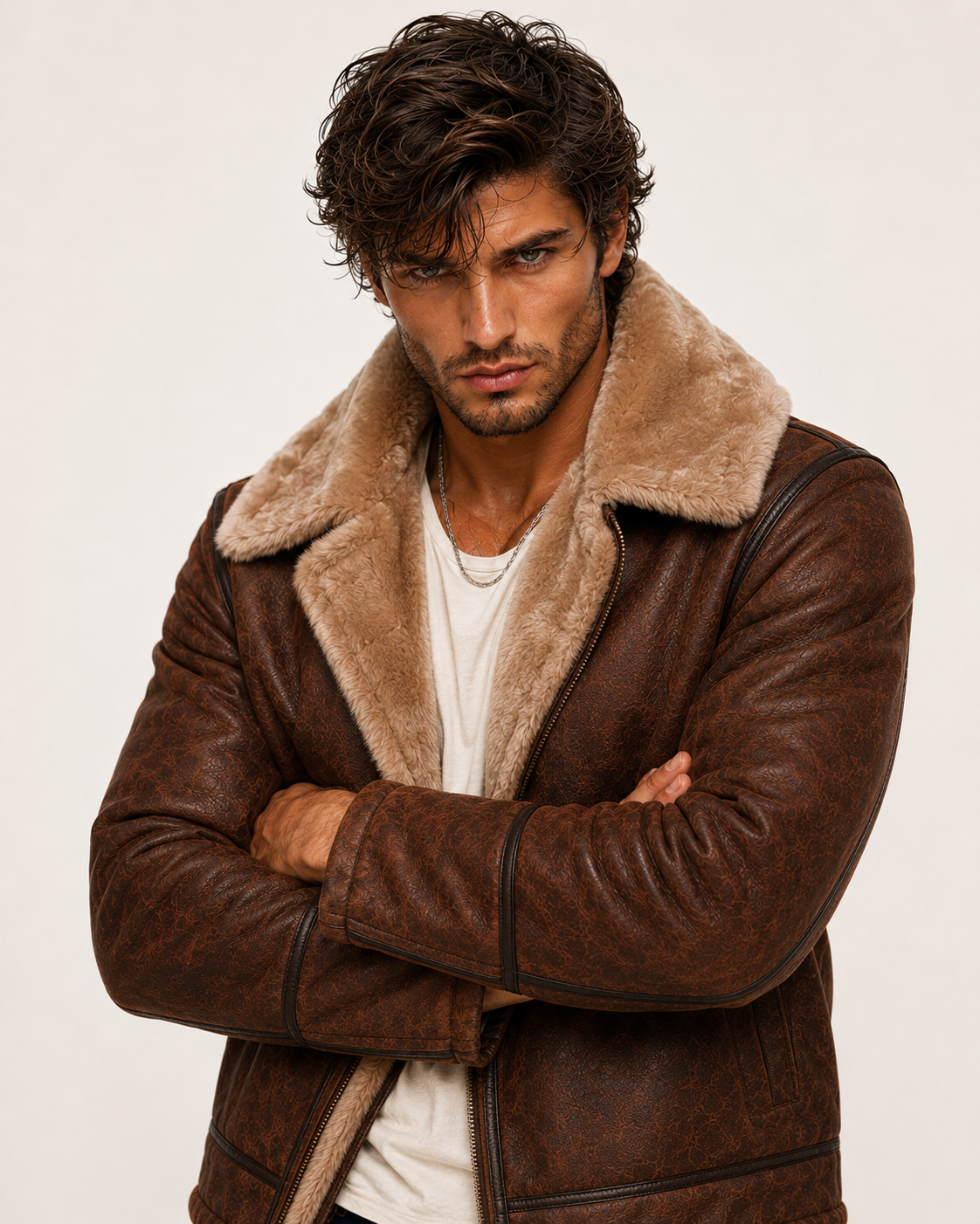Brown Suede Leather Aviator Jacket – Shearling Collar