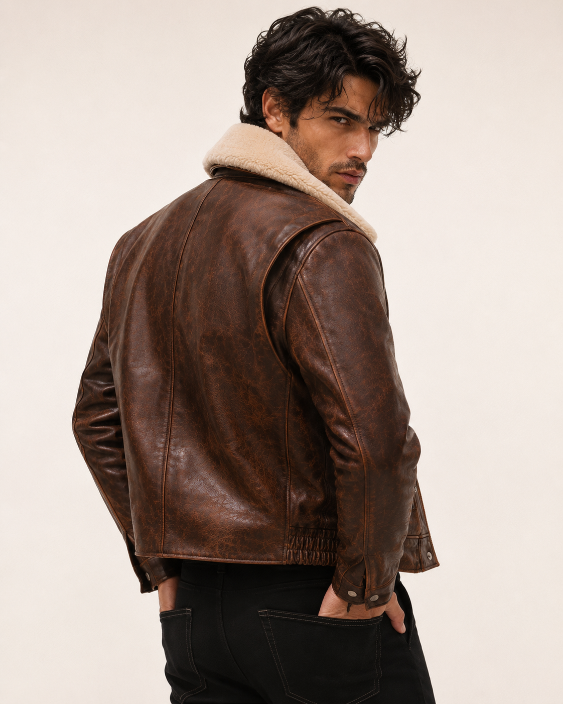Distressed Brown Shearling Trucker Jacket – Daaran Maverick – collar and zipper detail